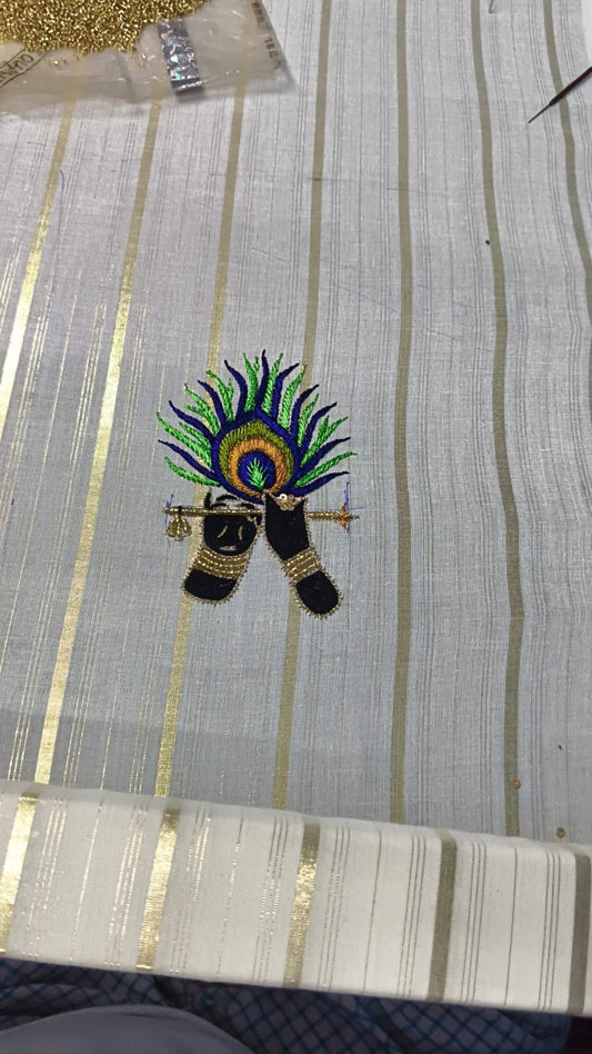 Hand Embroidered family combo - Krishna & Mayilpeeli design (Peacock feather)