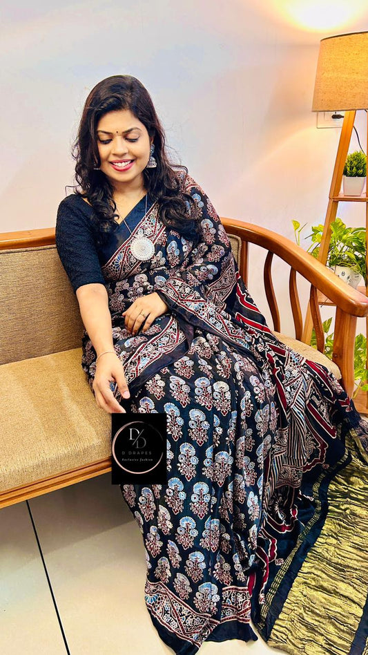 Ajrakh Modal silk saree with tissue pallu-AJKMODSAREE25014